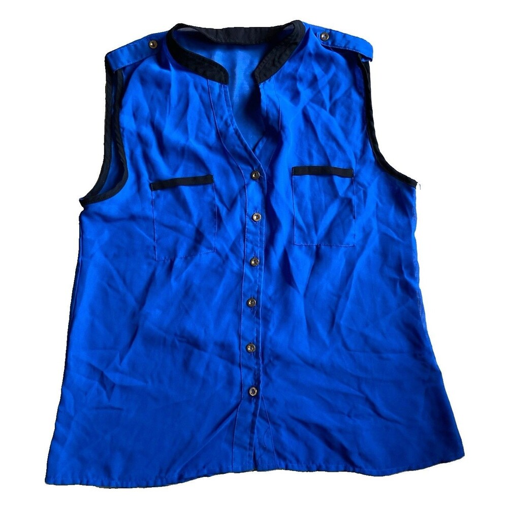 MINE Y2K Blue Sleeveless Blouse Tank Top Button Up  Pockets Women’s Size Medium